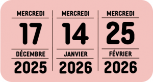 Visuel d'UniLaSalle Amiens affichant trois dates importantes, toutes des mercredis, mises en évidence sur un fond rose : le 17 décembre 2025, le 14 janvier 2026 et le 25 février 2026. Chaque date est présentée dans un encadré distinct avec le jour, le mois et l’année en lettres capitales noires, indiquant probablement des événements ou rendez-vous planifiés à ces moments.